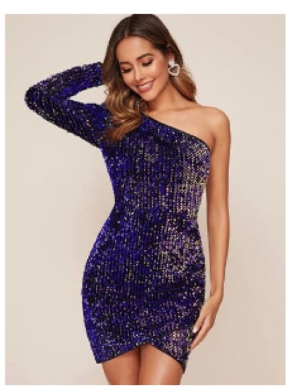 One-Shoulder Blue Sequin Mini Asymmetrical Dress- Medium